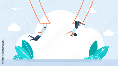 Trust, partnership and support to success, collaborate or cooperate teamwork, risk taking,  achieve target concept, businessman trapeze perform jumping and catch by partner. Vector illustration