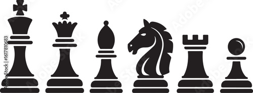Set of chess vector icons. Black silhouette with chess. King, queen, pawn, horse and rook