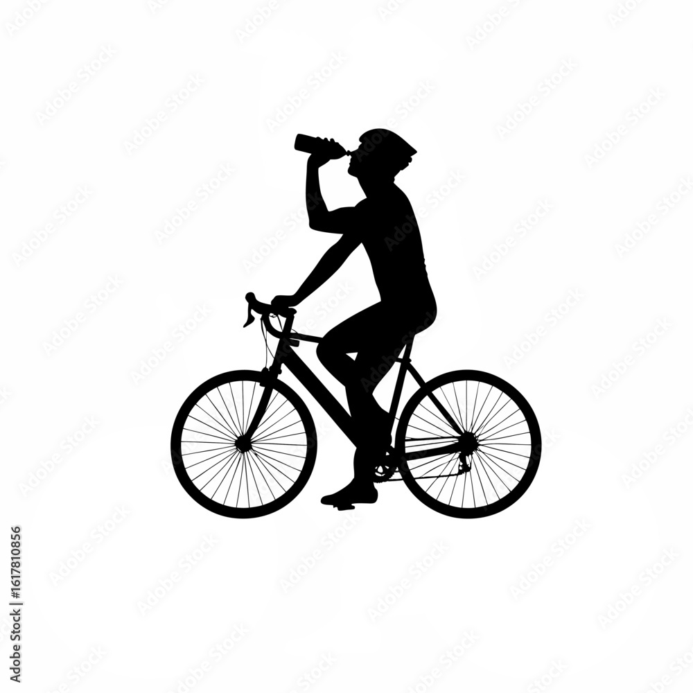 Fototapeta premium Silhouette of cyclist drinking water while riding on white background