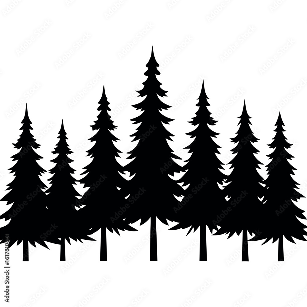 Obraz premium Horizontal panel of grouped pine tree silhouettes isolated on white background