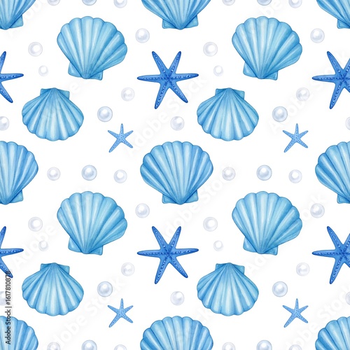 Light blue seashells, starfish, and pearls on white (1)