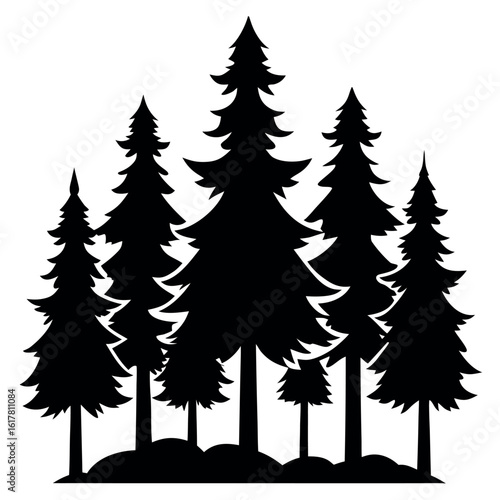 Thick pine tree grouping silhouette isolated on white background