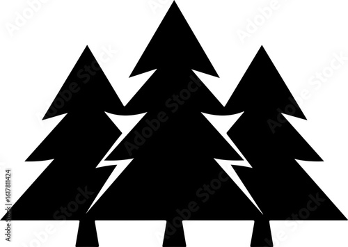 Stylized cluster of evergreen trees in bold silhouette