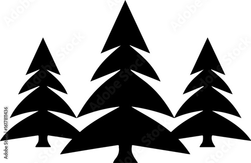 Three stylized evergreen trees in a simple black silhouette