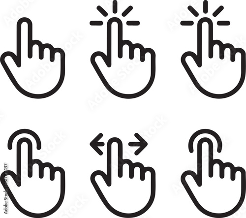 Hand Cursor Icon Set   Pointer, Click, Tap, and Drag Line Art Symbols for UI and Interaction