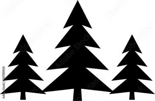 Three stylized pine trees create a natural forest scene