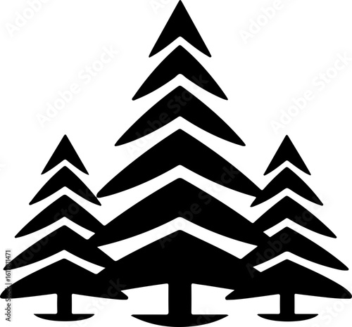 Three stylized evergreen trees stand tall in bold black silhouette.