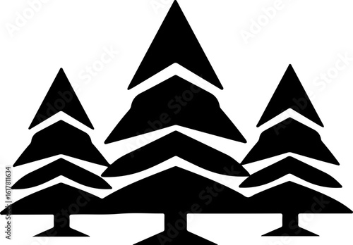 Three stylized pine trees create a natural forest silhouette