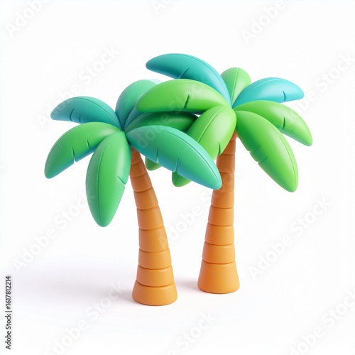two palm trees 3d rendering isolated on white background cartoon plastic style icon glossy