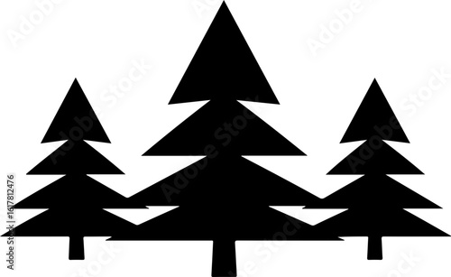Three stylized pine trees create a natural forest silhouette