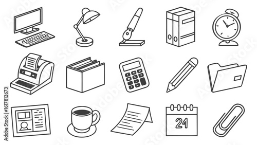 Office Tools Icon Set – Vector Line Icons Featuring Office Equipment, Gadgets, and Essential Workplace Tools
