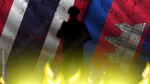 Vector wavy national flags of Kingdom of Thailand and Kingdom of Cambodia. Relations between asian countries. Military banner. Conflict and crisis. Fire, cracks and dark shadow of soldier