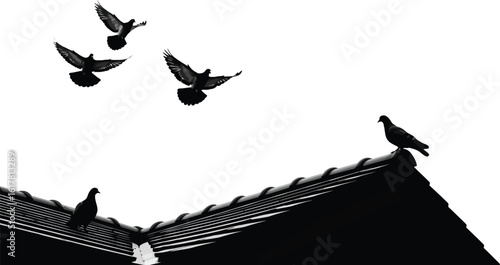 Three pigeons soar over a rooftop while one perches watching