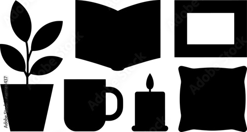 A set of black silhouettes depicting common household items for comfort and leisure.