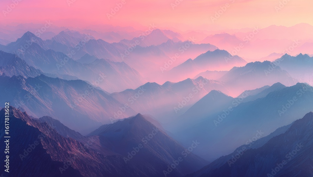 Fototapeta premium Panoramic view of hazy, layered mountains at sunset, with a soft, dreamlike color palette