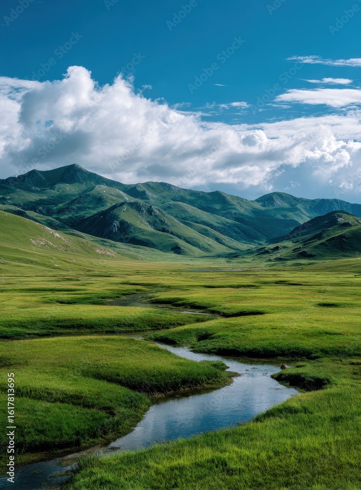 Fototapeta premium Lush valley, mountains, clear stream