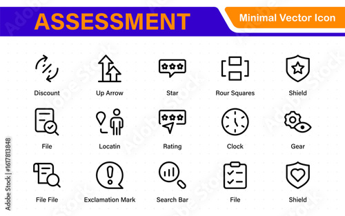 Assessment icon set. Includes icons for evaluations, audits, financial reviews, inspection reports, performance scoring, grading, and risk analysis tools.