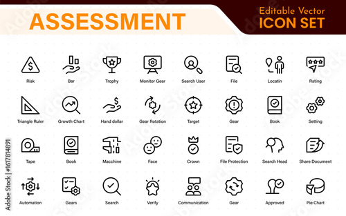 Assessment icon set. Includes icons for evaluations, audits, financial reviews, inspection reports, performance scoring, grading, and risk analysis tools.