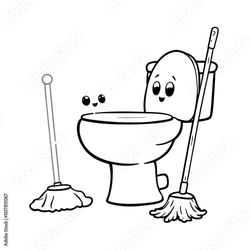 Cleaning illustration with a mop, bucket, and various tools like a broom, spade, and dustpan on a white background