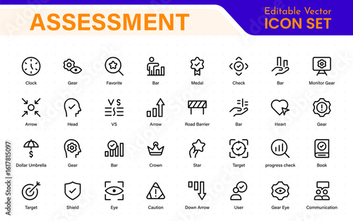 Assessment icon set. Includes icons for evaluations, audits, financial reviews, inspection reports, performance scoring, grading, and risk analysis tools.