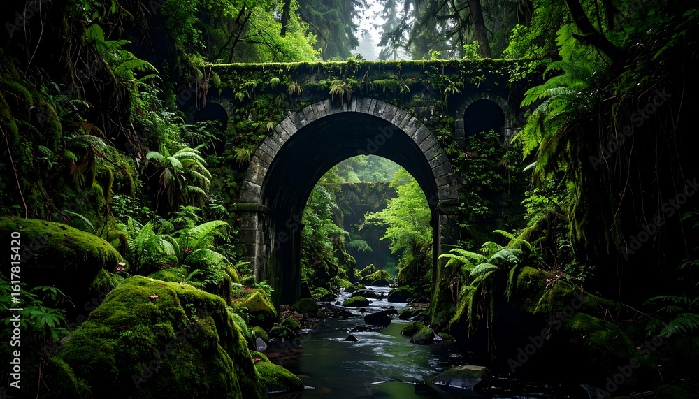 Obraz premium Moss-covered stone arch bridge over a tranquil stream in a lush, green forest