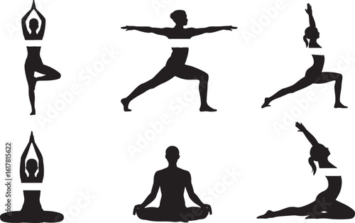 Silhouette Yoga Poses Vector Art Featuring Tree Pose, Warrior Pose, and Meditation Postures