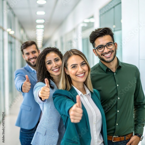 Diverse group of smiling business professionals giving thumbs up in office hallway