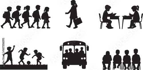 Silhouette School Life Scenes Vector Illustration Depicting Education, Learning, and Childhood Activities