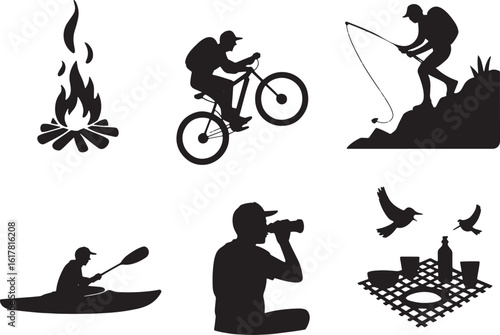 Recreational Activities Silhouettes Collection Biking Fishing and Outdoor Pursuits Vector