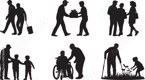 Community Support Silhouettes Diverse Activities Gardening and Assisting People in Wheelchairs