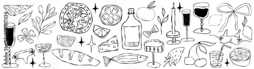 Amalfi italian sketch food with lemon blue color. Mediterranean sketch food lemon with pizza and pasta trendy style. Amalfi outline italian doodle design.