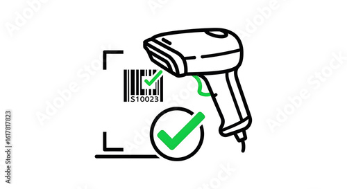 Barcode scanner scanning product with green check mark, success, technology