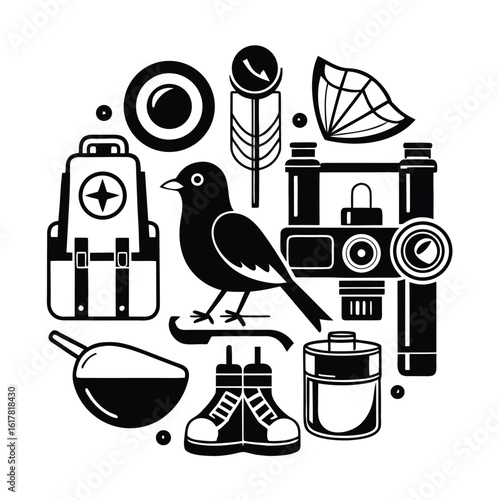 Black line art icon set for birdwatching essentials