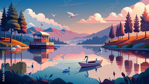 A tranquil lakeside scene at sunset, featuring a serene boat and vibrant reflections on the water.