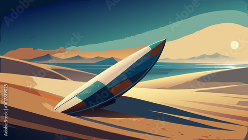 A stylized illustration of a shipwrecked boat on sandy dunes, with gentle ocean waves under a sunset sky.
