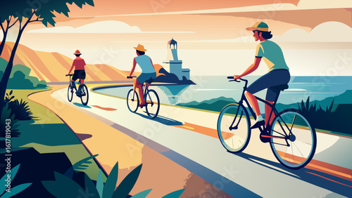 Three cyclists enjoy a scenic ride along the coast, surrounded by vibrant landscapes and a serene lighthouse in the distance.