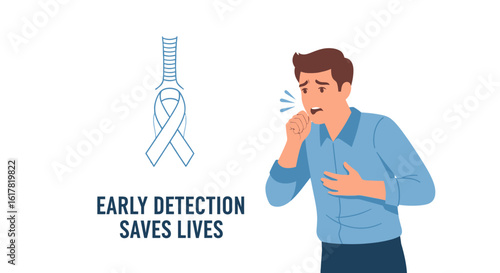 Vector Illustration of Awareness Ribbon with Coughing Man for Early Detection in Modern Style