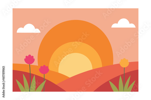 pink and orange sunrise with meadow flowers
