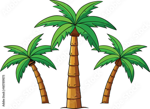Three cartoon palm trees illustration on transparent background