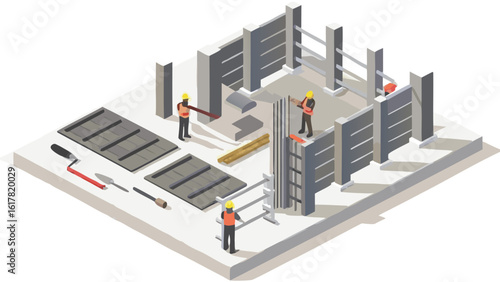 Isometric view of construction site with workers and building materials in progress stage shown