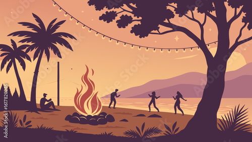 Silhouettes of friends dancing by a campfire on a beach at sunset, surrounded by palm trees and mountains in the background.