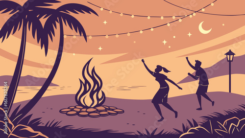 A joyful couple dancing by a beach bonfire under a starry sky, surrounded by palm trees and soft evening hues.