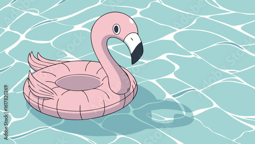 A playful pink flamingo pool float gliding across shimmering turquoise water.