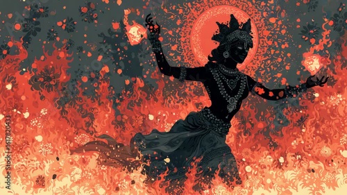 Goddess Kali Dancing in Sacred Flames – Traditional Indian Illustration