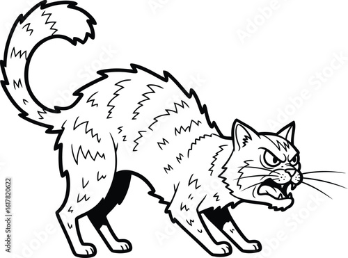 Fierce black cat arches back hissing with sharp teeth and angry eyes