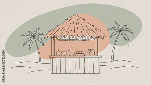 A charming beachside fruit stand with palm trees, showcasing fresh produce under a thatched roof.