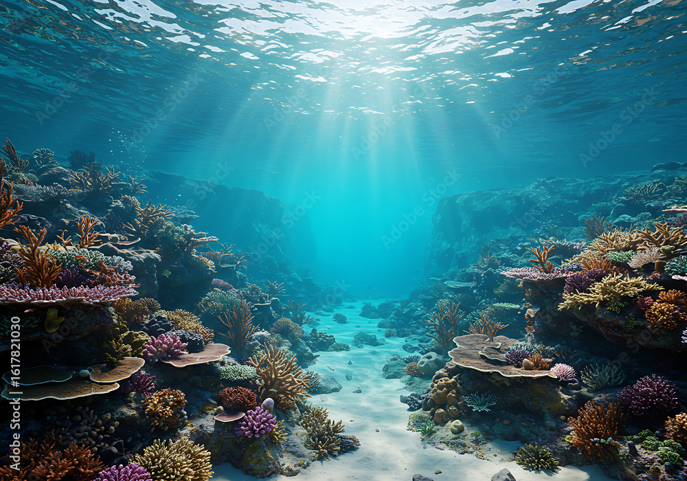 Naklejka premium Focus on coral reefs, underwater caves, sea beds, marine cliffs, and sunlit water columns without human interference.