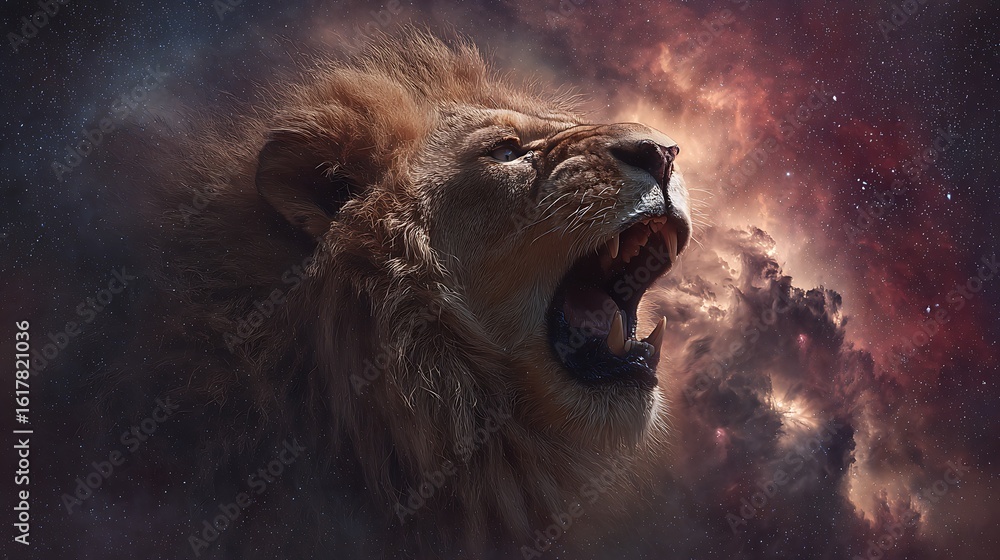 Naklejka premium Roaring Lion Against a Dramatic Cosmic Sky Backdrop