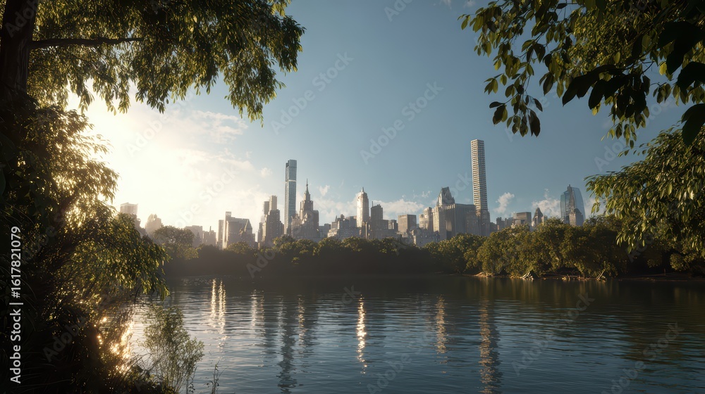 Naklejka premium Panoramic view of New York City skyline with Central Park lake and historic architecture under warm daylight. Modern skyscrapers blend with natural green spaces in urban harmony.