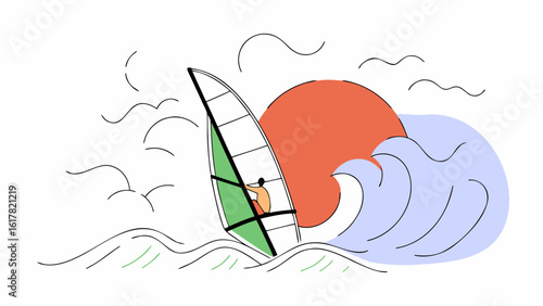A vibrant illustration of a windsurfer navigating waves during a colorful sunset.